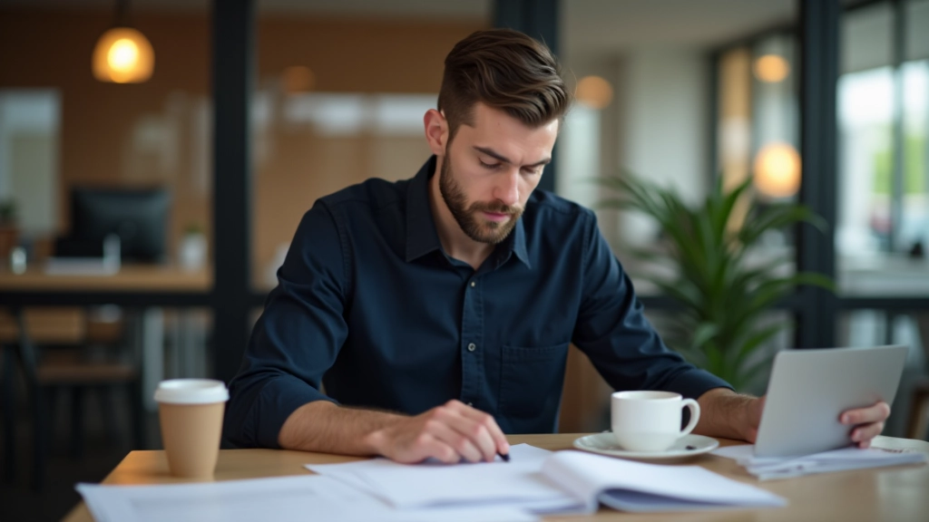 Espaço de trabalho organizado com múltiplos monitores e documentos categorizados