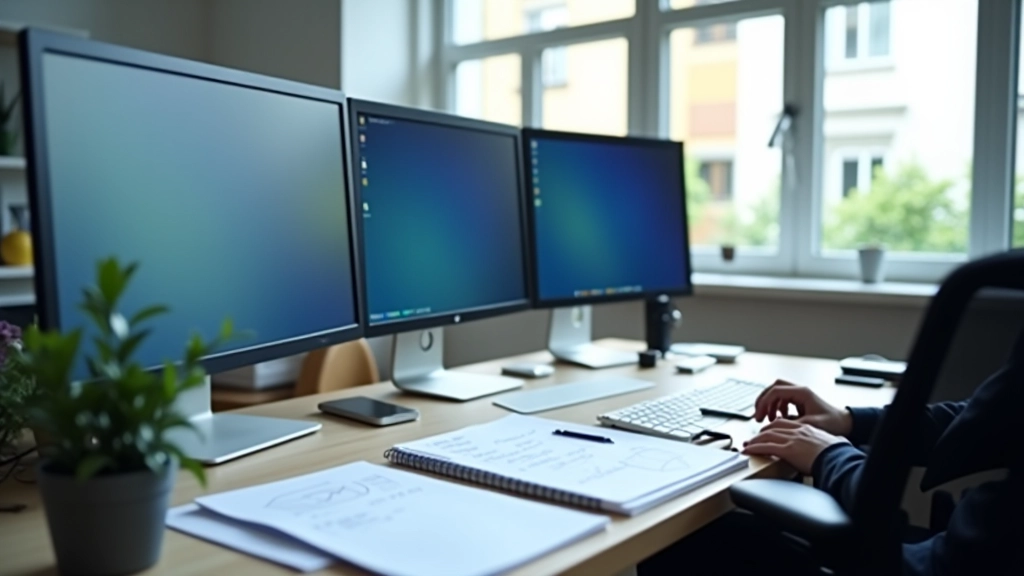 Espaço de trabalho moderno com múltiplos monitores e organização clara de tarefas